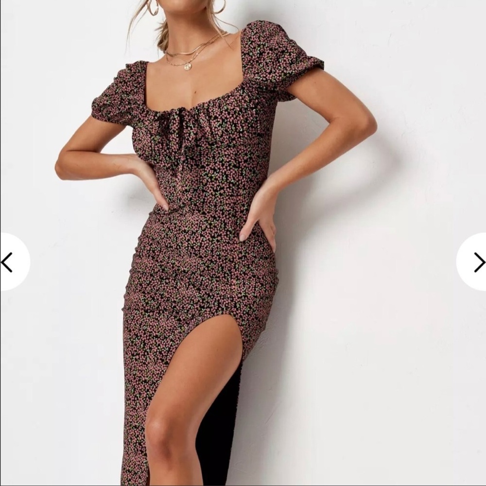 Red Floral Puff Sleeve Milkmaid Midi Dress size 4